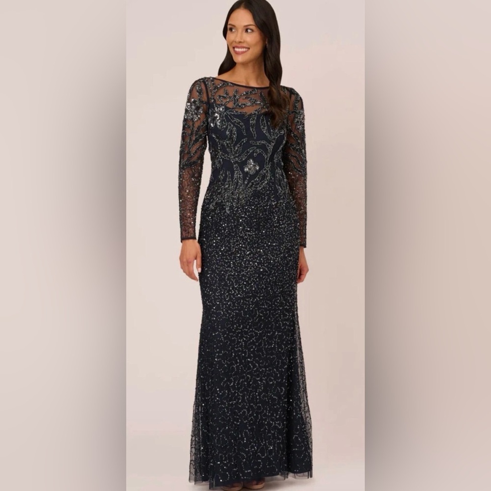 ADRIANNA PAPELL FLORAL BEADED DRESS WITH SHEER LONG SLEEVES IN MIDNIGHT size 18